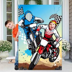 lot 10398 image: PANTIDE Motocross Photo Door Banner Backdrop Props, Large Satin Photo Background Face Photography Banner Decor Dirt Bike Theme Party Favor Supply Decorations Funny Party Games for Kids, 59 x 39 Inch