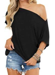 lot 10413 image: INFITTY Womens Off Shoulder Tops Sexy Summer Loose Batwing Sleeve ShirtBlouse Blouse Black X-Large