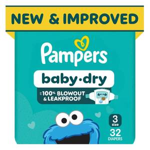 lot 10430 image: Pampers Baby Dry Ultra Cushiony Diapers, Size 3 (13-26 lbs), 16 Count, Up to 100% Leakproof (Packaging May Vary)