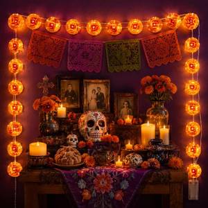 lot 10448 image: Julyxi 3 Pack Day of The Dead Marigold Garland with LED Lights for Diwali Dia de Los Muertos Ofrenda Decorations Orange Garland Battery Operated for Fall Halloween Decor