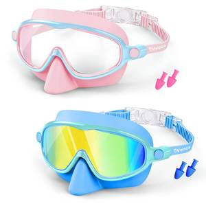 lot 10471 image: Vvinca 2 Pack Kids Swim Goggles with Nose Cover for 3-14, Wide View Anti-Fog UV Protection Swimming Mask for Boys Girls, No Leak Pool Goggles for Toddlers