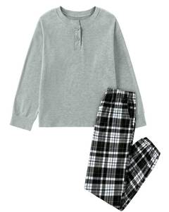 lot 10494 image: CARETOO Kids Plaid Pajamas Boys Long Sleeve Henley Sleepwear with Plaid Pants Pjs Grey Size 14 for 13-14 Years