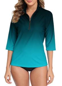 lot 14090 image: Halcurt Womens Rash Guard Half Zip Swim Shirt Green, Size 12-14
