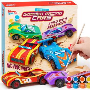 lot 18317 image: Klever Kits 4 DIY Wooden Race Cars Build & Paint Kit