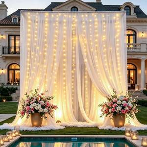 lot 20273 image: HAEFOO White Tulle Backdrop Curtains with String Lights 2-Panel