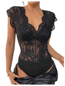 lot 20304 image: MakeMeChic Womens Lace Bodysuit Deep V Neck, Size Large