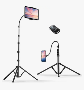 lot 19459 image: Folding Black Tripod Floor Stand w Two Gooseneck Arms & Two Phone Holders