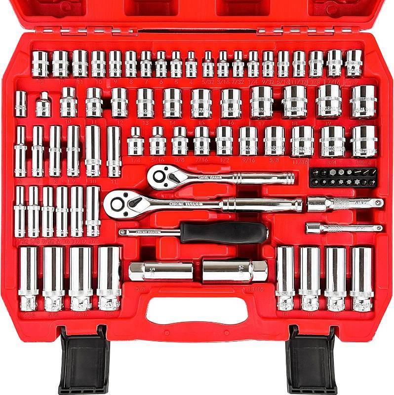 lot 342230 image: WETT 14 and 38 Drive Socket Set, 86-Piece Socket Wrench Set with Quick-Release Ratchet, Extention Bar, Adapter, 14 Bits, CR-V Steel, MetricSAE, DeepShallow, Mirror Chrome Finish