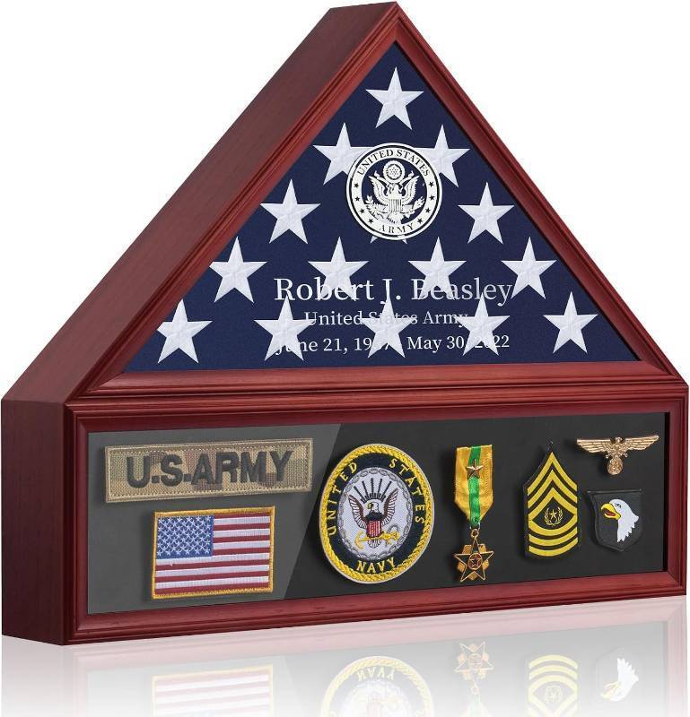 lot 121577 image: Retails for $120 DIY Personalized Flag Display Case for 5x9.5 Burial Flag - Glass Front Veteran Flag Display Box, Solid Wood, Wall Mount Military Memorial Shadow Box with Metal Letters and Logo Stickers - Red