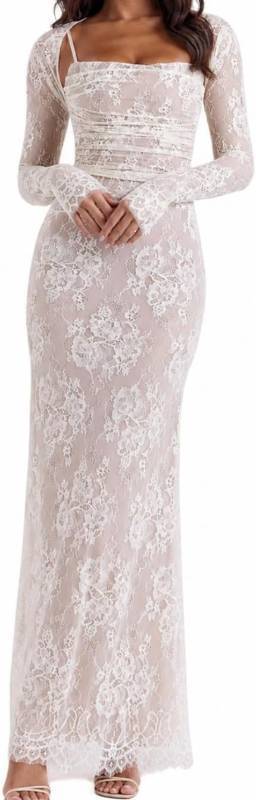 lot 371499 image: Women Vintage Cream Lace Maxi Dress Romantic Long Sleevees Lace Bodycon Dress