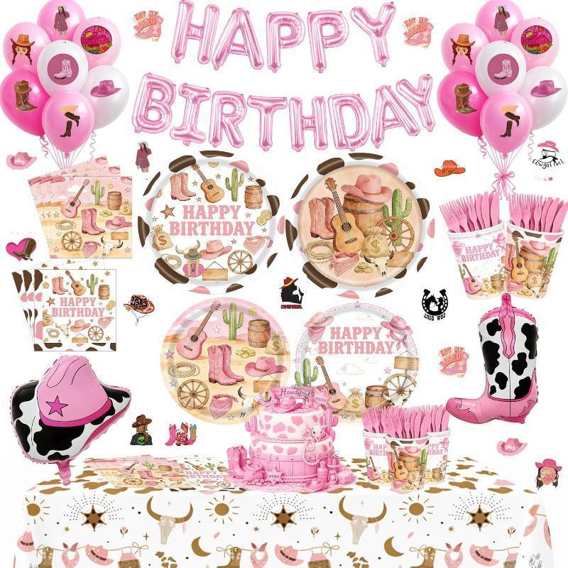 lot 471585 image: 217Pcs Pink Western Party Decorations, Cowgirl Birthday Tableware Set