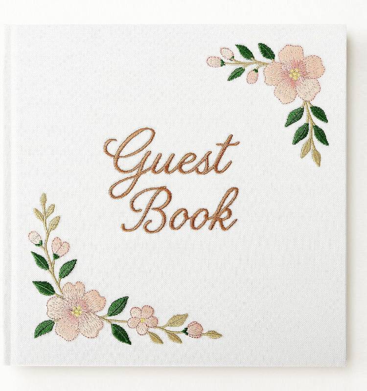 lot 471633 image: FEELOVE Wedding Guest Book with Embroidered Cover - 8.2 x 8.2 Elegant Guest Book for Party, Wedding Reception, Bridal Shower, Memorial, and Anniversary