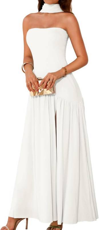 lot 161596 image: ChiaoLezhee Womens Maxi Tube Dress with Scarf, Drop Waist High Slit Formal Prom, Wedding Guest Cocktail Party Gown