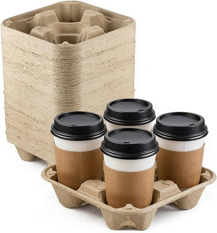 lot 161608 image: 4 Cup Disposable Drink Carrier Trays, 50 Pack Wheat Straw & Sugarcane Pulp Fiber Cup Holder for 8-32 oz Cups, Durable to Go Coffee Tray for Hot & Cold Beverages, Food Delivery & Uber Eats