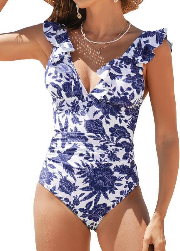 lot 361654 image: CUPSHE Womens One Piece Swimsuit V Neck Bathing Suit Ruched Tummy