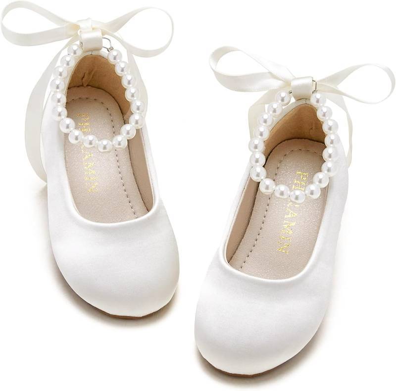 lot 361665 image: PHIRAMIN Toddler Flower Girl Dress Shoes - Little Girl Ballet Flats Pearl Strap for Wedding Party