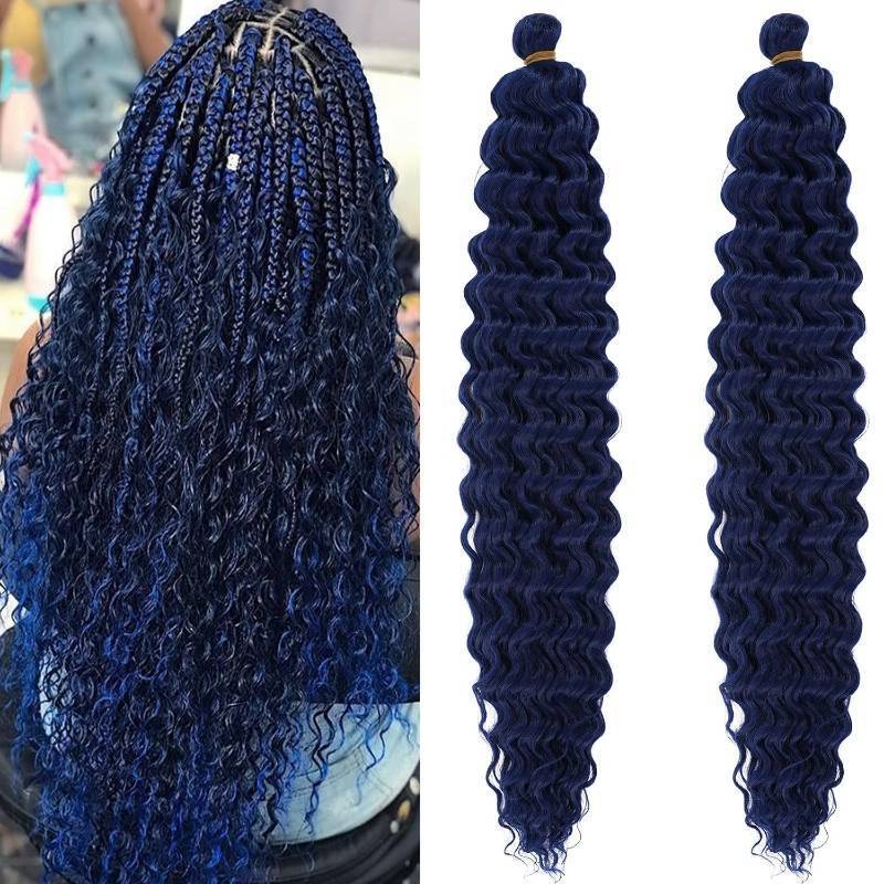 lot 452265 image: Water Deep Wave Curly Wavy Braiding Hair Pre Stretched Ocean Wave Crochet Hair Navy Blue Boho Hair for Braiding 24 Inch 2 Packs Synthetic Bohemian Braiding Hair Boho Curls Crochet Braids