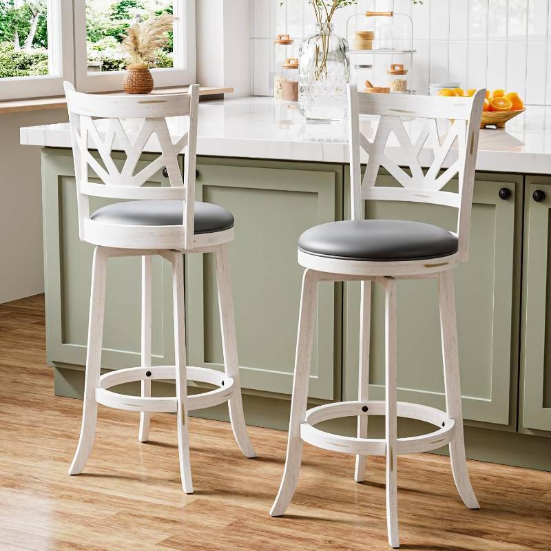 lot 401090 image: Retails for $170 Swivel Bar Stools Set of 2, Farmhouse 30 Bar Height Barstools with Backs, Lotus Pattern Carved Bar Chairs with Solid Wood Legs & Footrest for Kitchen Island, Home Bar, Pub (White, 30)