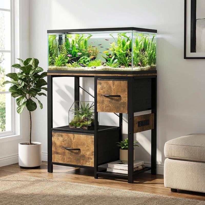 lot 401362 image: 20-29 Gallon Fish Tank Stand with Power Outlets, Heavy Duty Metal and Wood Aquarium Stand with 2 Drawer and Sturdy Legs
