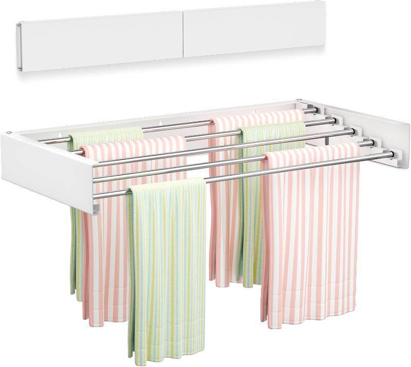 lot 401386 image: Vikaqi Wall Mounted Clothes Drying Rack 23.6, Foldable Wall Mount Laundry Rack Folding Indoor, Drying Rack Clothing Collapsible, Hidden Space Saver with Wall Template, 5 Rods, White