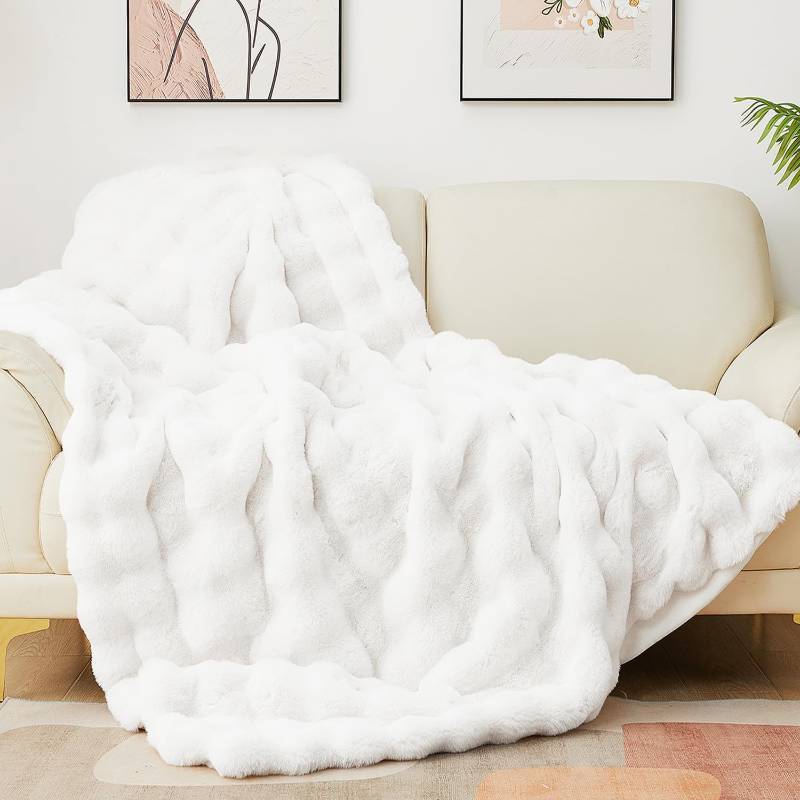 lot 231409 image: Latepis Faux Fur White Blanket Cozy Thick Bubble Throw for Couch Sofa Bedroom Furry Soft Warm Luxury Twin Blanket for Bed 60x80 Inch, 860gsm