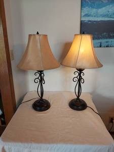 lot 1021 image: Pair of Table Lamps with Scrolled Metal Base and Fabric Shades