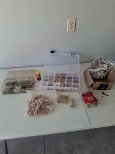 lot 1069 image: Hardware Assortment Lot - Wood Dowels, Screws, Wooden Knobs in Storage Organizer