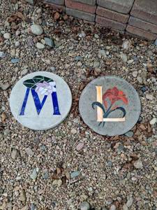 lot 1095 image: (2) Decorative Concrete Garden Stepping Stones with Floral Inlay
