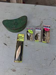 lot 1111 image: Fishing Lure Lot Green Creel Box, Rebel Plugs, Buzz Bomb