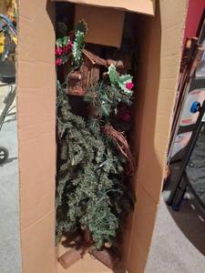lot 1198 image: Artificial Christmas Garland with Holly Berries and Wood Birdhouse Accent lights