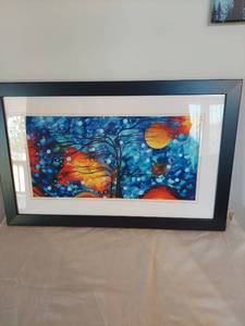 lot 1213 image: Framed Art Print Tree Landscape - Blue Orange Yellow