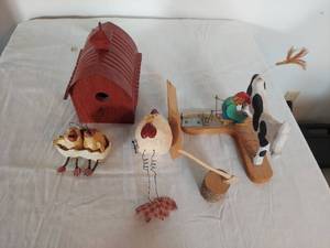 lot 1294 image: Assorted farm theme decor and red bird house
