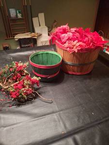 lot 1301 image: 2 Decorative Bushel Baskets with Faux Floral Decor