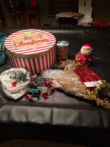lot 1304 image: Christmas Decoration Lot - Merry Christmas Box, Lights, Garland, Santa