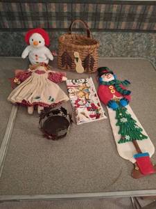 lot 1322 image: Christmas Holiday Decoration Lot - Snowman, Doll, Basket, Ornaments