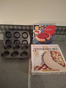 lot 1433 image: Baking Pan Lot 2 Muffin Tins, Nordic Ware Bundt Flan Pan, Stoneware Brick
