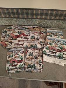 lot 1444 image: Winter Farm Scene Kitchen Textile Set - 5 Pieces Towels, Placemats, Hot Pads