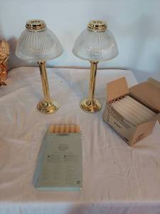 lot 1468 image: 2 Brass Candle Lamps with Shades and Candles