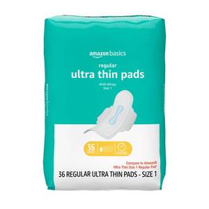 lot 39142 image: Amazon Basics Regular Absorbency Feminine Pads for Women, Ultra Thin with Flexi-Wings, Unscented, Size 1, 8-Hour Protection, Leak Prevention, 36 Count - Retail $5