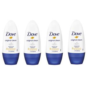 lot 39159 image: Dove Original Clean Roll On Deodorant, Aluminum Free, All Day Odor Protection, 4-Pack, 1.7 FL Oz Each, 4 Bottles - Retail $8