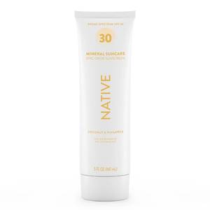 lot 39164 image: Native Sunscreen SPF 30, Zinc Oxide Dermatologist Tested Suitable for Sensitive Skin & Hawaii Compliant, 5 Ounces  Pineapple & Coconut Scent Sun Protection Lotion, Lightweight & Smooth - Retail $15