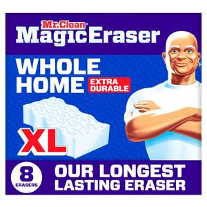 lot 39205 image: Mr. Clean Magic Eraser Sponge, All Purpose Cleaner, Long Lasting Cleaning Scrubber, Wall, Sneaker, Oven, Kitchen, Bathroom, Shower Cleaner, Cleaning Supplies, Whole Home Extra Durable XL, 3ct - Retail $13