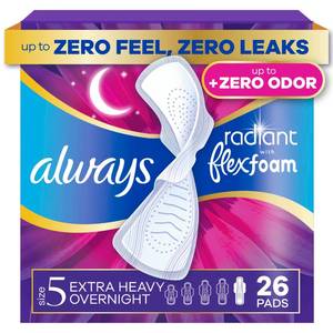 lot 39209 image: Always Radiant Feminine Pads for Women, Flexfoam Pads with Wings, Size 5, Extra Heavy Overnight Absorbency, Lightly Scented, 26 Count - Retail $13