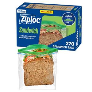 lot 39211 image: Ziploc Sandwich & Snack Bags, Food Storage, Easy Open & Close, 270 Count - Retail $9