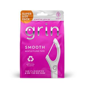 lot 39239 image: GRIN Smooth Flosspyx, Gentle Floss Picks, 150 Count, Dental Flossers, Minty Flavor, Recycled Plastic, Smooth Floss, Tight Teeth, Premium Longer Floss Head, Includes Safe Fold-Back Tooth Pick - Retail $5