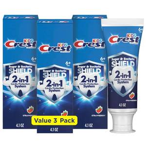 lot 39255 image: Kids Sugar Bacteria Shield Toothpaste with Fluoride, 4.1oz (Pack of 3) for Ages 6 - Retail $15