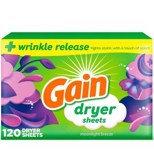 lot 39256 image: Gain dryer sheets Plus Wrinkle Release, Moonlight Breeze Scent, 120 Count, Fights static with a touch of scent, laundry sheets - Retail $6