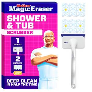 lot 39258 image: Mr. Clean Magic Eraser Shower & Tub Scrubber, Bathroom Cleaner, All in One Bathroom Cleaner, Lemon Starter Kit, 1 Scrubber & 2 Foaming Magic Erasers - Retail $13