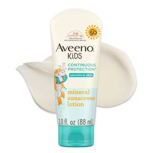 lot 39270 image: Aveeno Kids Sunscreen Lotion, Broad Spectrum, SPF 50, 3 fl. oz - Retail $13