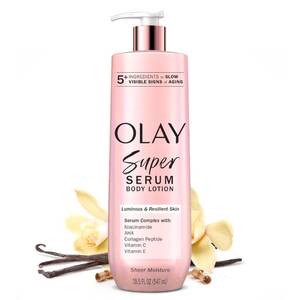 lot 39294 image: Olay Super Serum Hand & Body Lotion for Dry Skin, 24hr Long Lasting Hydration, 5 Ingredient Complex for Bright Even Firm Luminous Skin, Sweet Vanilla & Soft Wood Scent, 18.5 fl oz - Retail $29